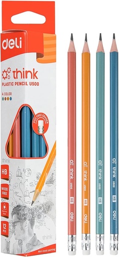 [B08XS4RYDS] Deli u500 think plastic hb graphite pencil eraser tipped pack of 12 pencils - multi color
